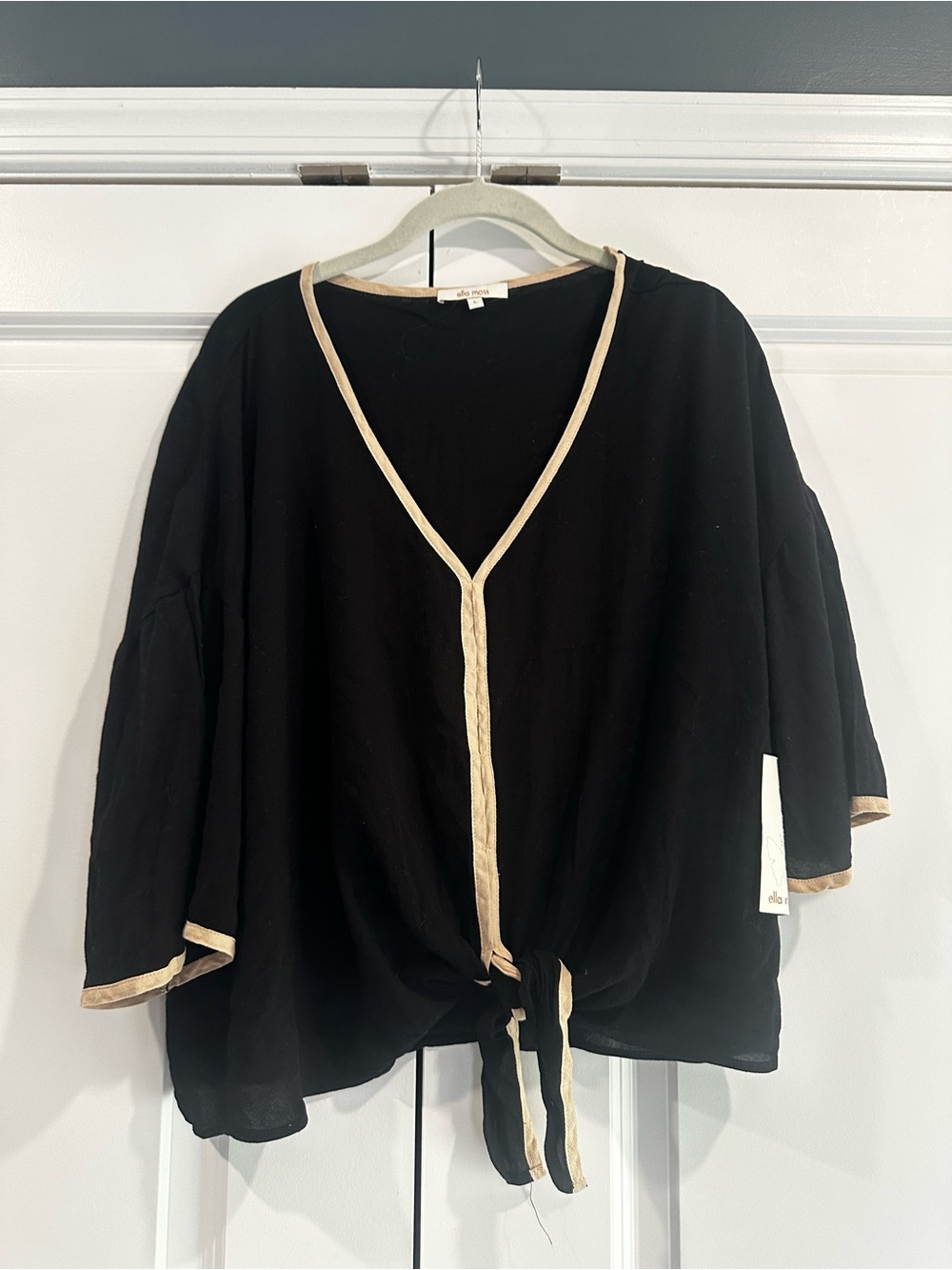 Ella Moss Sheer Black Tie-Front V-Neck Top with Trim